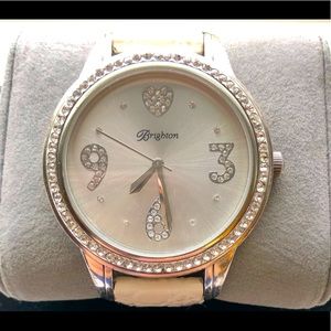 Brighton Viejo Round Silver Face White Leather Band Watch